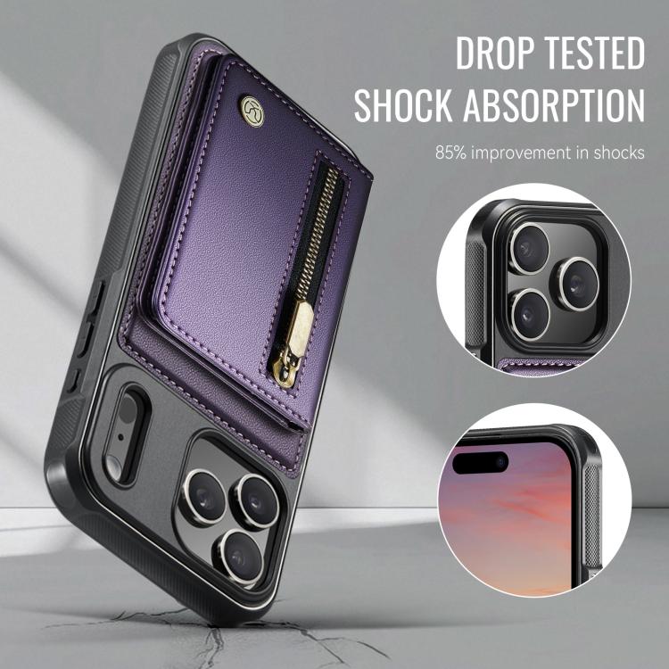 For iPhone 18 Pro JEEHOOD J12 Exquisite RFID MagSafe Zipper Card Bag Phone Case(Purple)
