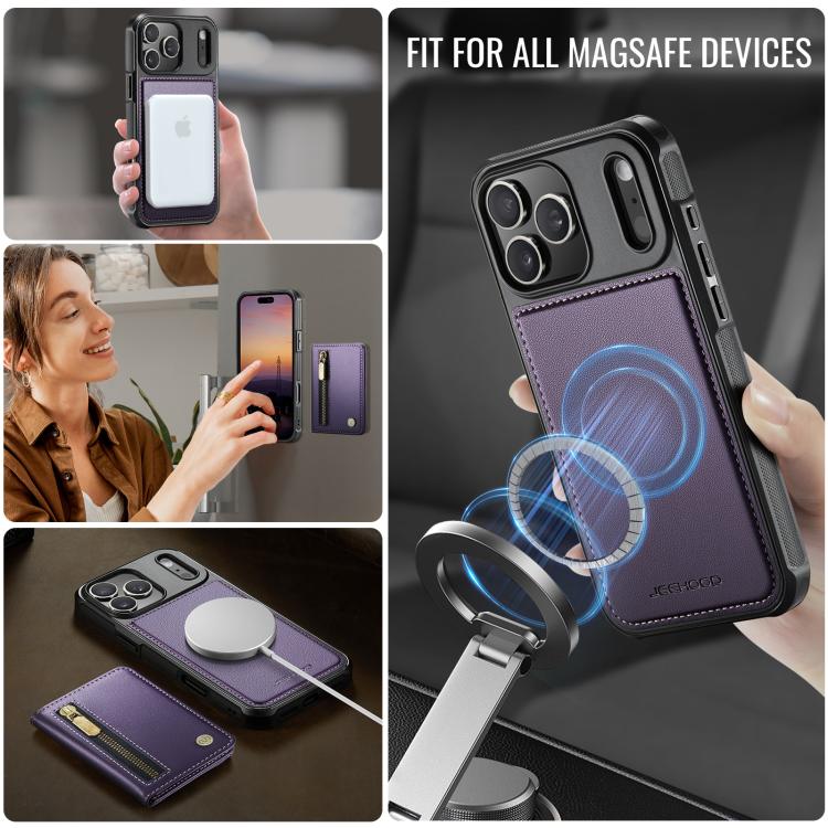 For iPhone 18 Pro JEEHOOD J12 Exquisite RFID MagSafe Zipper Card Bag Phone Case(Purple)