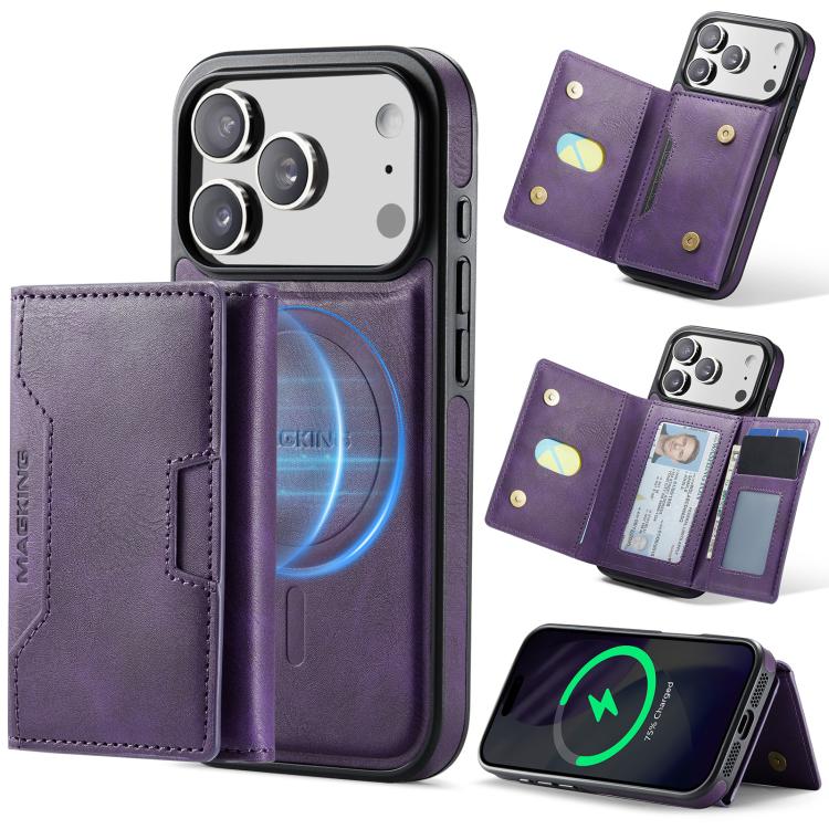 For iPhone 18 Pro / 17 Pro MAGKING K4 Series MagSafe RFID Tri-fold Card Bag Detachable Phone Case(Purple)