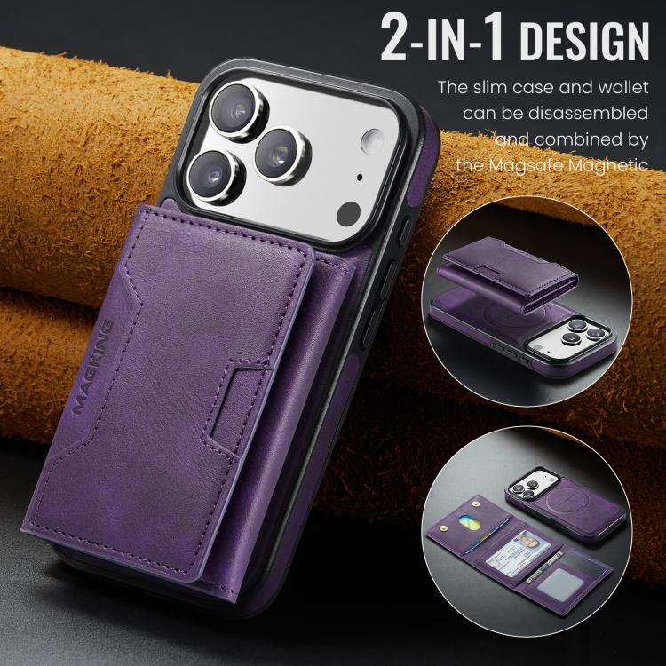 For iPhone 18 Pro / 17 Pro MAGKING K4 Series MagSafe RFID Tri-fold Card Bag Detachable Phone Case(Purple)