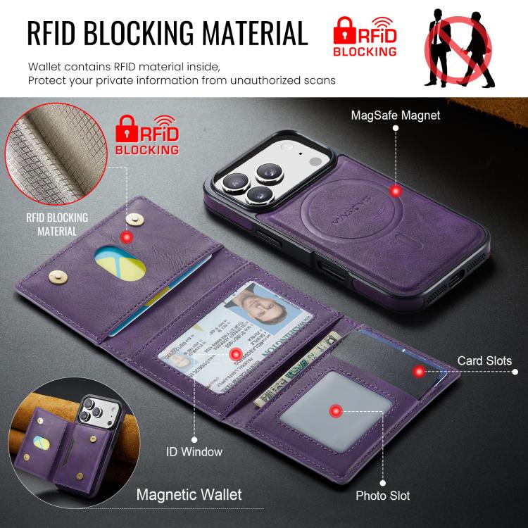 For iPhone 18 Pro / 17 Pro MAGKING K4 Series MagSafe RFID Tri-fold Card Bag Detachable Phone Case(Purple)