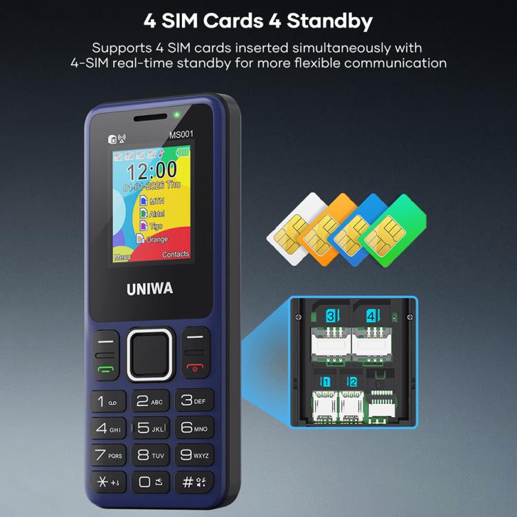 UNIWA MS001 Keypad Phone, 1.77 inch Spreadtrum SC6531CA, Network: 2G, 4 SIM 4 Standby, 21 Keys, Plug:UK Plug(Black)