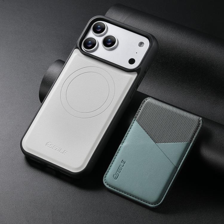 For iPhone 18 Pro / 17 Pro ESEBLE E6 Vegan Leather Detachable Card Holder Magnetic RFID Phone Case(White Green)