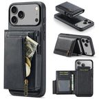 For iPhone 18 Pro / 17 Pro Fierre Shann Oil Wax Vegan Leather Magnetic Card Holder Back Phone Case(Black)