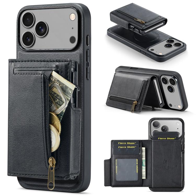 For iPhone 18 Pro / 17 Pro Fierre Shann Oil Wax Vegan Leather Magnetic Card Holder Back Phone Case(Black)