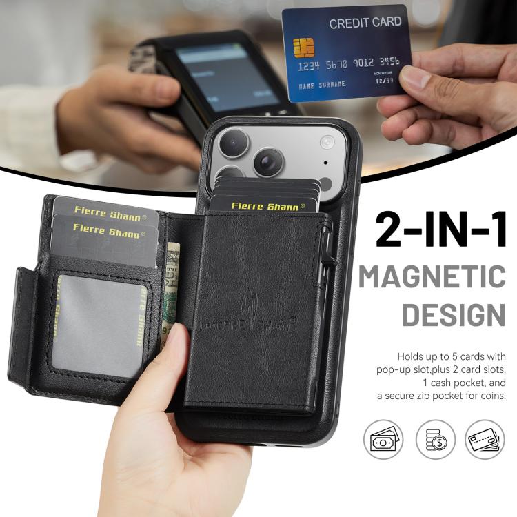 For iPhone 18 Pro / 17 Pro Fierre Shann Oil Wax Vegan Leather Magnetic Card Holder Back Phone Case(Black)