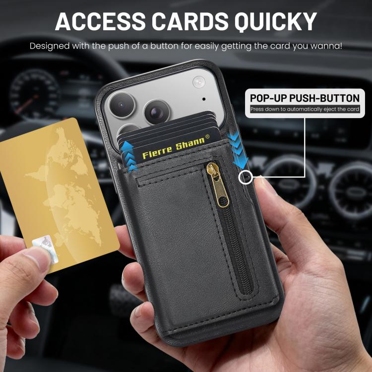 For iPhone 18 Pro / 17 Pro Fierre Shann Oil Wax Vegan Leather Magnetic Card Holder Back Phone Case(Black)