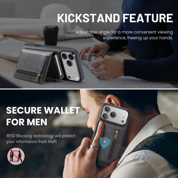 For iPhone 18 Pro / 17 Pro Fierre Shann Oil Wax Vegan Leather Magnetic Card Holder Back Phone Case(Black)