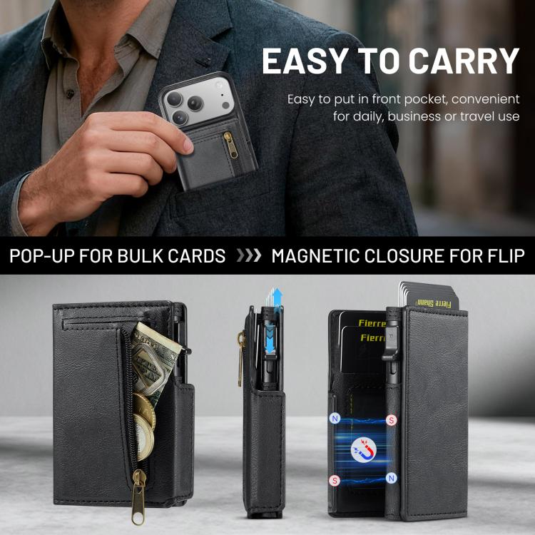 For iPhone 18 Pro / 17 Pro Fierre Shann Oil Wax Vegan Leather Magnetic Card Holder Back Phone Case(Black)