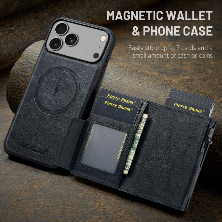 For iPhone 18 Pro / 17 Pro Fierre Shann Oil Wax Vegan Leather Magnetic Card Holder Back Phone Case(Black)