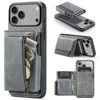 For iPhone 18 Pro / 17 Pro Fierre Shann Oil Wax Vegan Leather Magnetic Card Holder Back Phone Case(Grey)
