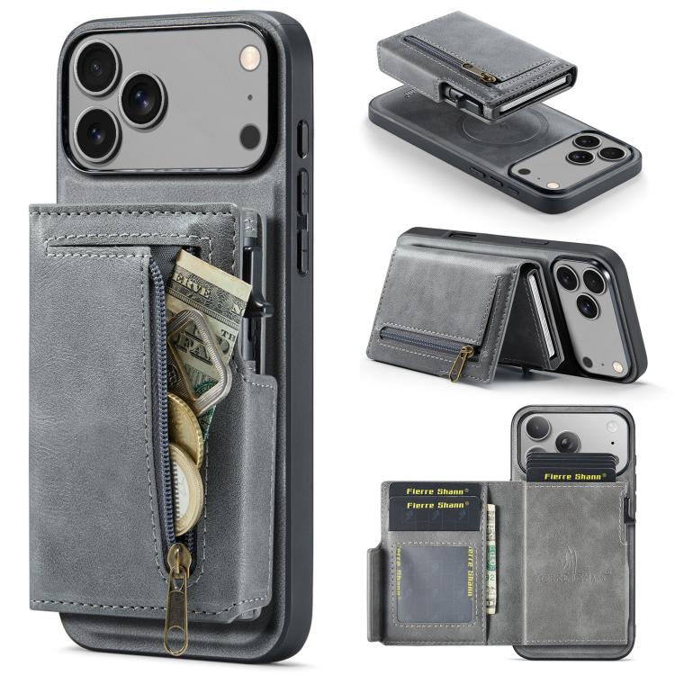 For iPhone 18 Pro / 17 Pro Fierre Shann Oil Wax Vegan Leather Magnetic Card Holder Back Phone Case(Grey)