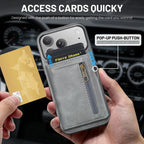 For iPhone 18 Pro / 17 Pro Fierre Shann Oil Wax Vegan Leather Magnetic Card Holder Back Phone Case(Grey)