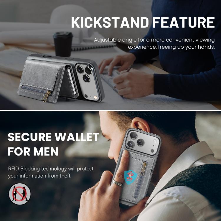 For iPhone 18 Pro / 17 Pro Fierre Shann Oil Wax Vegan Leather Magnetic Card Holder Back Phone Case(Grey)