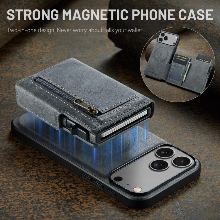 For iPhone 18 Pro / 17 Pro Fierre Shann Oil Wax Vegan Leather Magnetic Card Holder Back Phone Case(Grey)