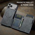 For iPhone 18 Pro / 17 Pro Fierre Shann Oil Wax Vegan Leather Magnetic Card Holder Back Phone Case(Grey)