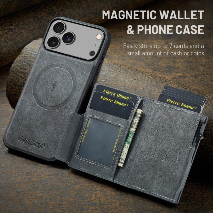 For iPhone 18 Pro / 17 Pro Fierre Shann Oil Wax Vegan Leather Magnetic Card Holder Back Phone Case(Grey)