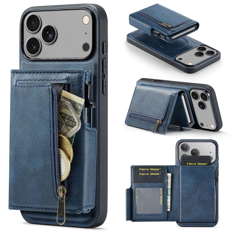 For iPhone 18 Pro / 17 Pro Fierre Shann Oil Wax Vegan Leather Magnetic Card Holder Back Phone Case(Blue)