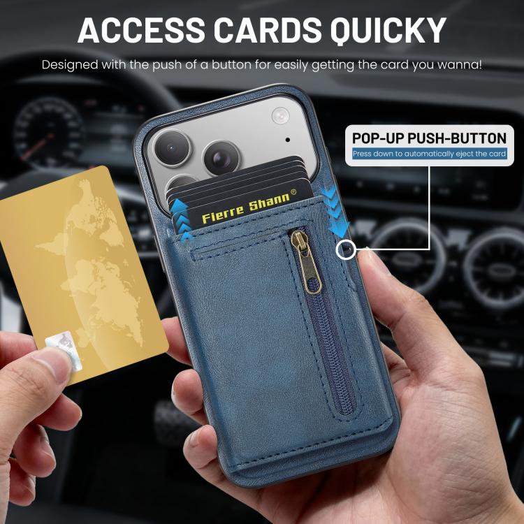 For iPhone 18 Pro / 17 Pro Fierre Shann Oil Wax Vegan Leather Magnetic Card Holder Back Phone Case(Blue)