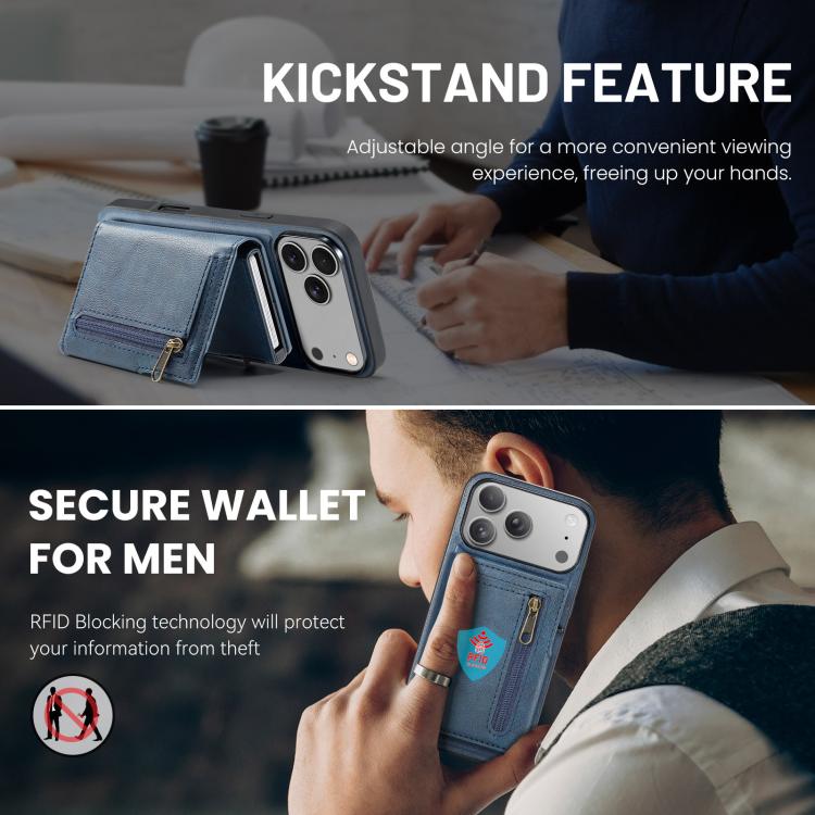 For iPhone 18 Pro / 17 Pro Fierre Shann Oil Wax Vegan Leather Magnetic Card Holder Back Phone Case(Blue)