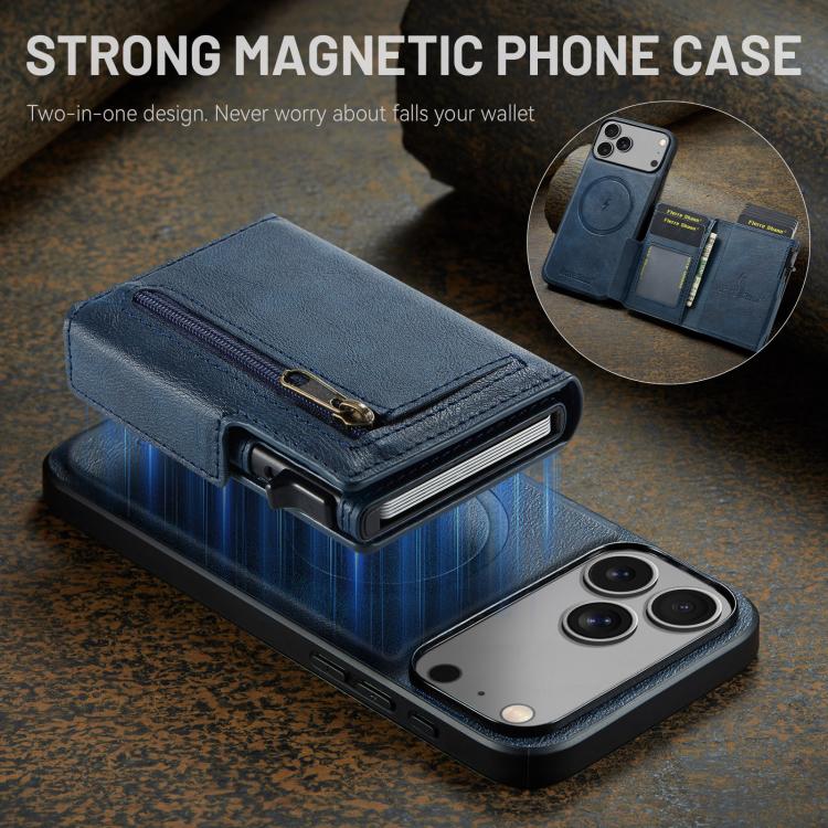 For iPhone 18 Pro / 17 Pro Fierre Shann Oil Wax Vegan Leather Magnetic Card Holder Back Phone Case(Blue)