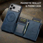 For iPhone 18 Pro / 17 Pro Fierre Shann Oil Wax Vegan Leather Magnetic Card Holder Back Phone Case(Blue)