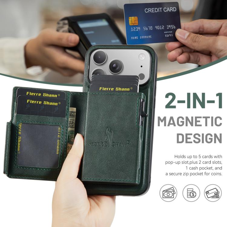 For iPhone 18 Pro / 17 Pro Fierre Shann Oil Wax Vegan Leather Magnetic Card Holder Back Phone Case(Green)