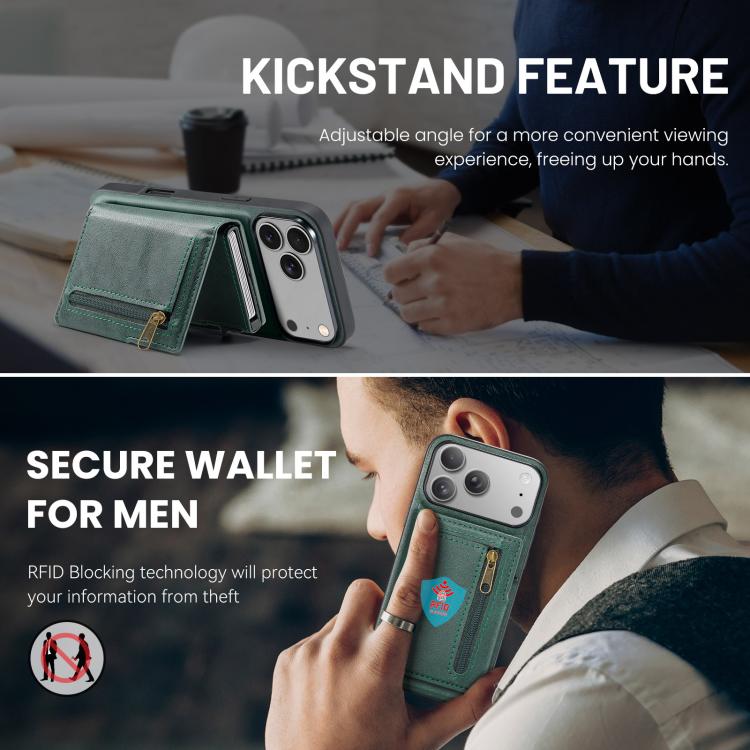 For iPhone 18 Pro / 17 Pro Fierre Shann Oil Wax Vegan Leather Magnetic Card Holder Back Phone Case(Green)
