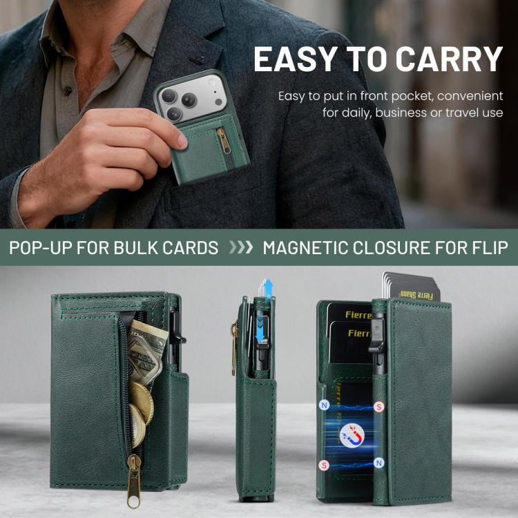 For iPhone 18 Pro / 17 Pro Fierre Shann Oil Wax Vegan Leather Magnetic Card Holder Back Phone Case(Green)