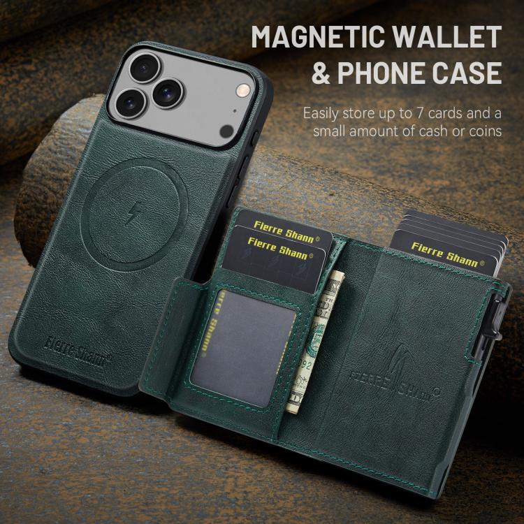 For iPhone 18 Pro / 17 Pro Fierre Shann Oil Wax Vegan Leather Magnetic Card Holder Back Phone Case(Green)