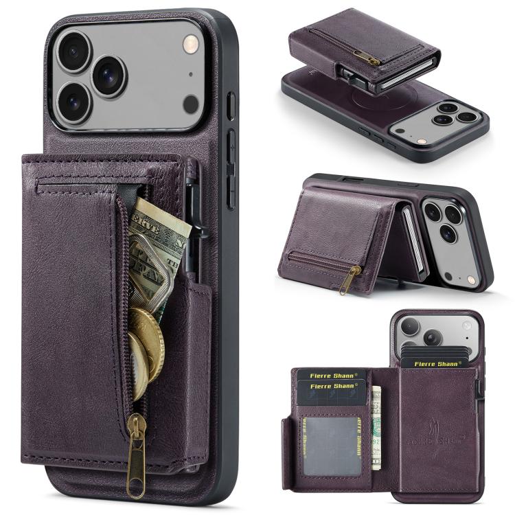For iPhone 18 Pro / 17 Pro Fierre Shann Oil Wax Vegan Leather Magnetic Card Holder Back Phone Case(Purple)