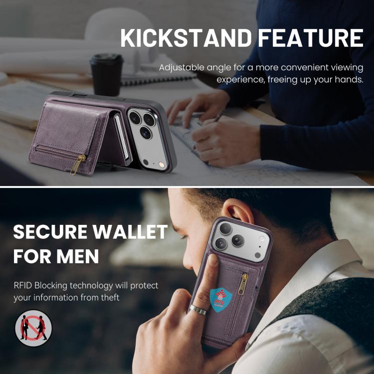 For iPhone 18 Pro / 17 Pro Fierre Shann Oil Wax Vegan Leather Magnetic Card Holder Back Phone Case(Purple)