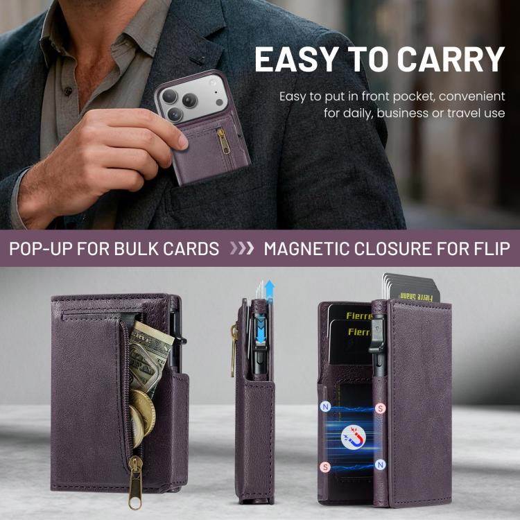 For iPhone 18 Pro / 17 Pro Fierre Shann Oil Wax Vegan Leather Magnetic Card Holder Back Phone Case(Purple)