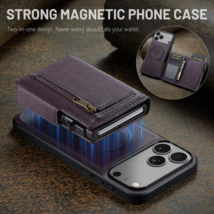 For iPhone 18 Pro / 17 Pro Fierre Shann Oil Wax Vegan Leather Magnetic Card Holder Back Phone Case(Purple)