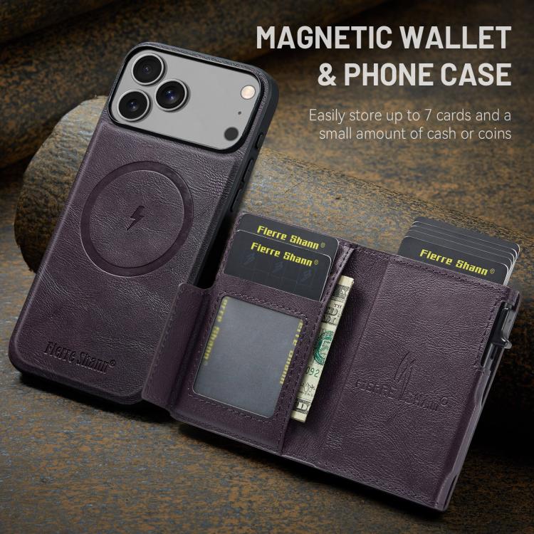 For iPhone 18 Pro / 17 Pro Fierre Shann Oil Wax Vegan Leather Magnetic Card Holder Back Phone Case(Purple)
