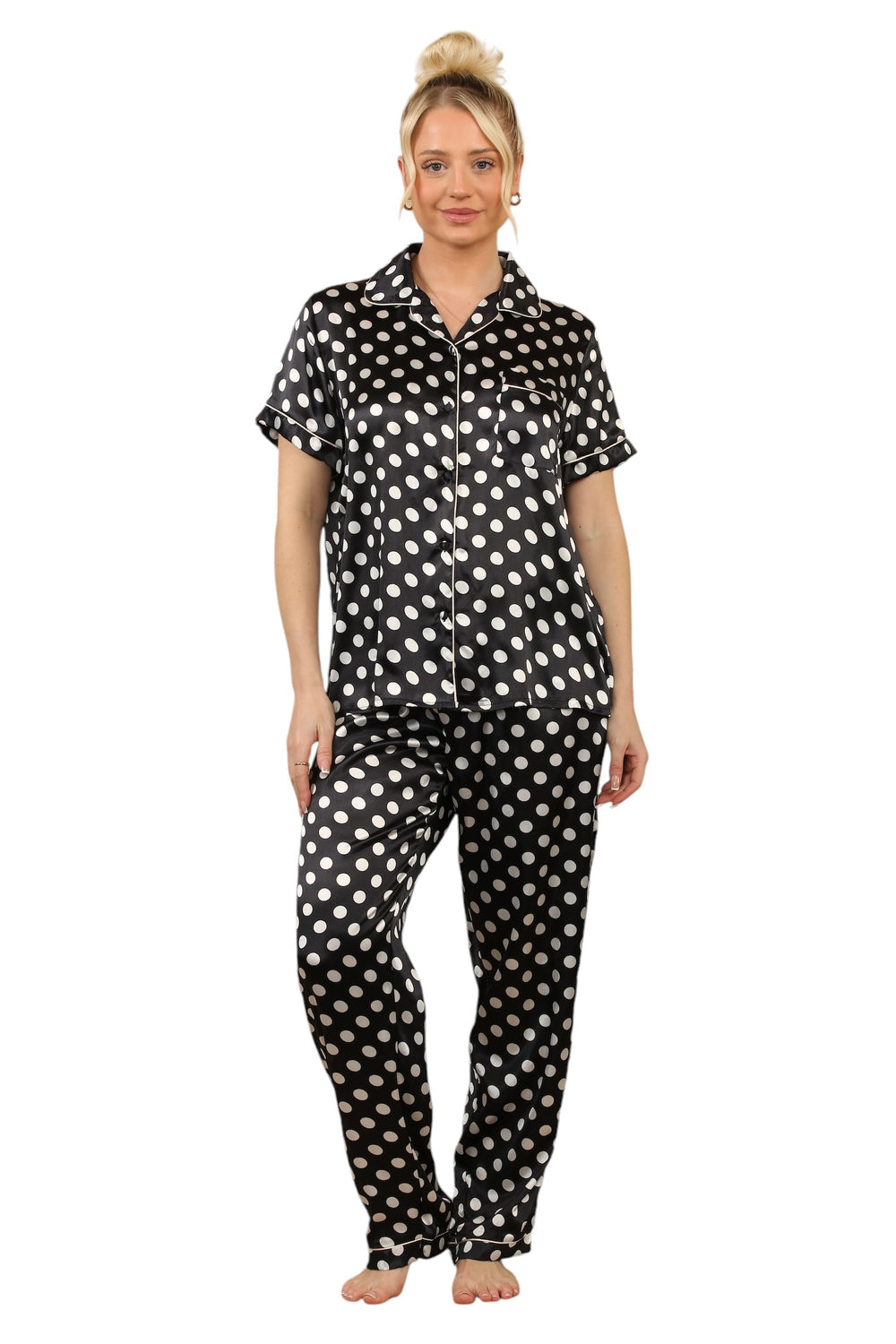 Stylish Black & White Polka Dot Satin Pajama Set for Women