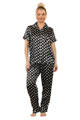 Stylish Black & White Polka Dot Satin Pajama Set for Women