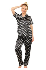 Stylish Black & White Polka Dot Satin Pajama Set for Women