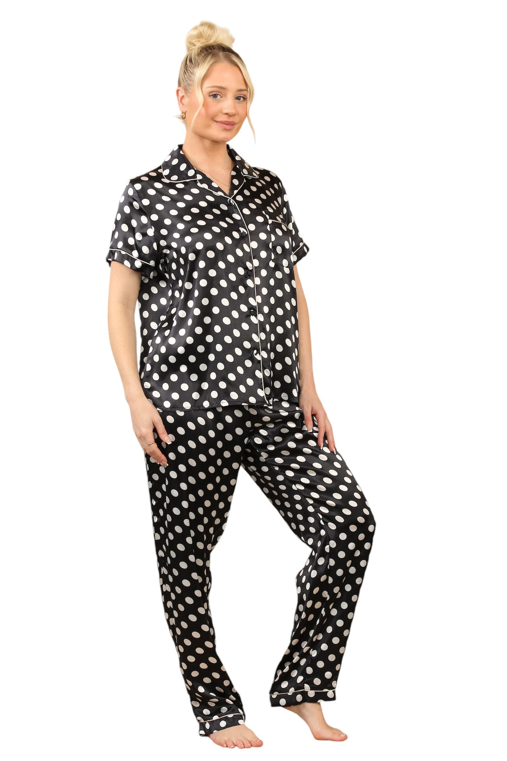 Stylish Black & White Polka Dot Satin Pajama Set for Women