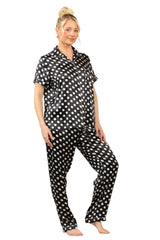 Stylish Black & White Polka Dot Satin Pajama Set for Women