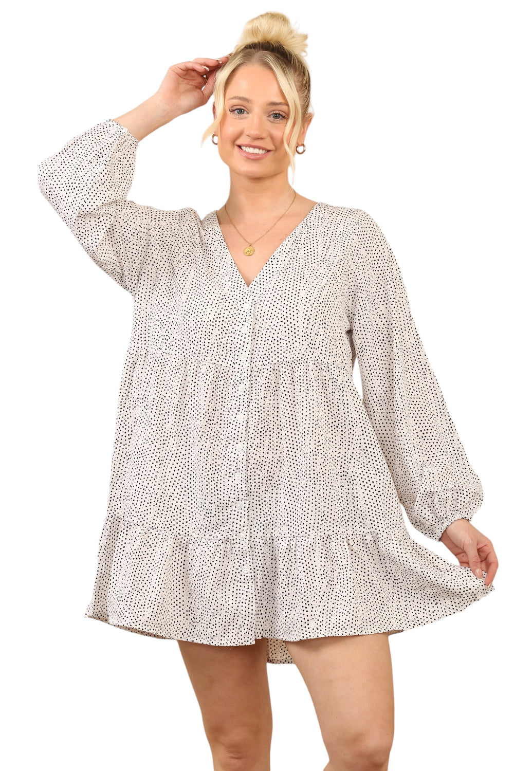 Chic V-Neck Polka Dot Smock Mini Dress with Long Sleeves – Perfect Casual Style for Women