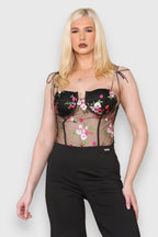 Women's Black Sexy Transparent Mesh Floral Embroidered Bodice Sleeveless Bodysuit Leotard - Elegant Party Strap Corset Jumpsuit, Backless Blouse Lingerie Top - Elaina Fashion