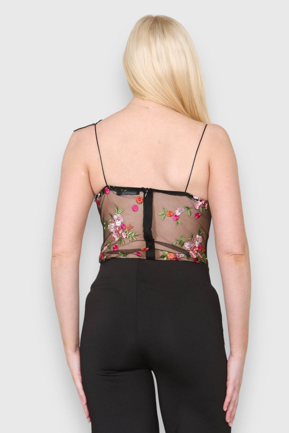Women's Black Sexy Transparent Mesh Floral Embroidered Bodice Sleeveless Bodysuit Leotard - Elegant Party Strap Corset Jumpsuit, Backless Blouse Lingerie Top - Elaina Fashion