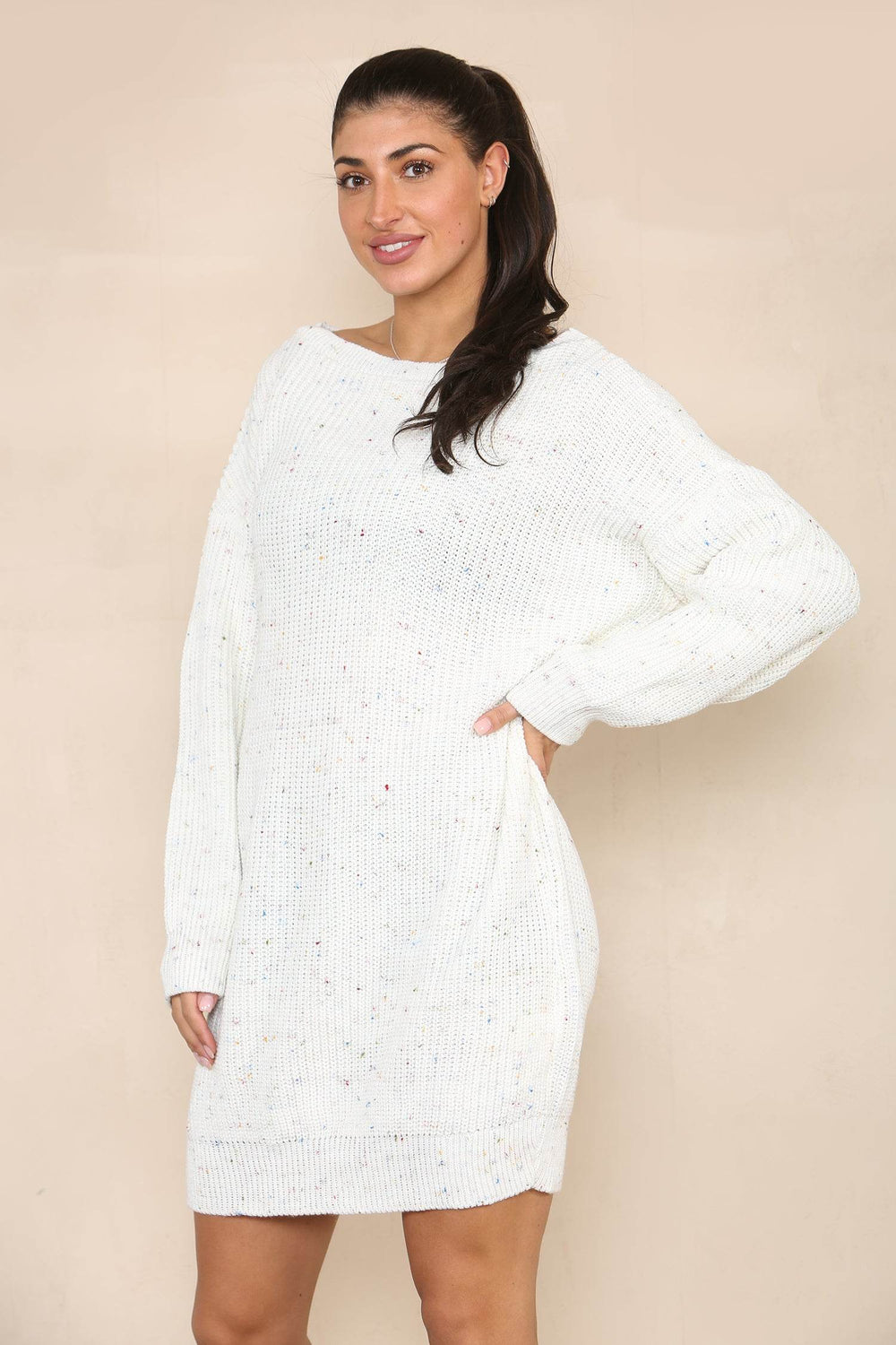 Elaina Fashion Women's White Multi colour dots Boat Neck Soft Drop Shoulder with Long Sleeve Knit Mini Loose Fit Ribbed Pullover Jumper Sweater - Chunky Warm Short Dress - Elaina Fashion