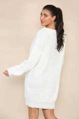 Elaina Fashion Women's White Multi colour dots Boat Neck Soft Drop Shoulder with Long Sleeve Knit Mini Loose Fit Ribbed Pullover Jumper Sweater - Chunky Warm Short Dress - Elaina Fashion