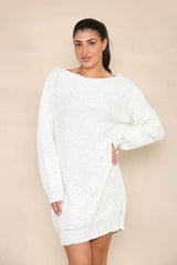 Elaina Fashion Women's White Multi colour dots Boat Neck Soft Drop Shoulder with Long Sleeve Knit Mini Loose Fit Ribbed Pullover Jumper Sweater - Chunky Warm Short Dress - Elaina Fashion