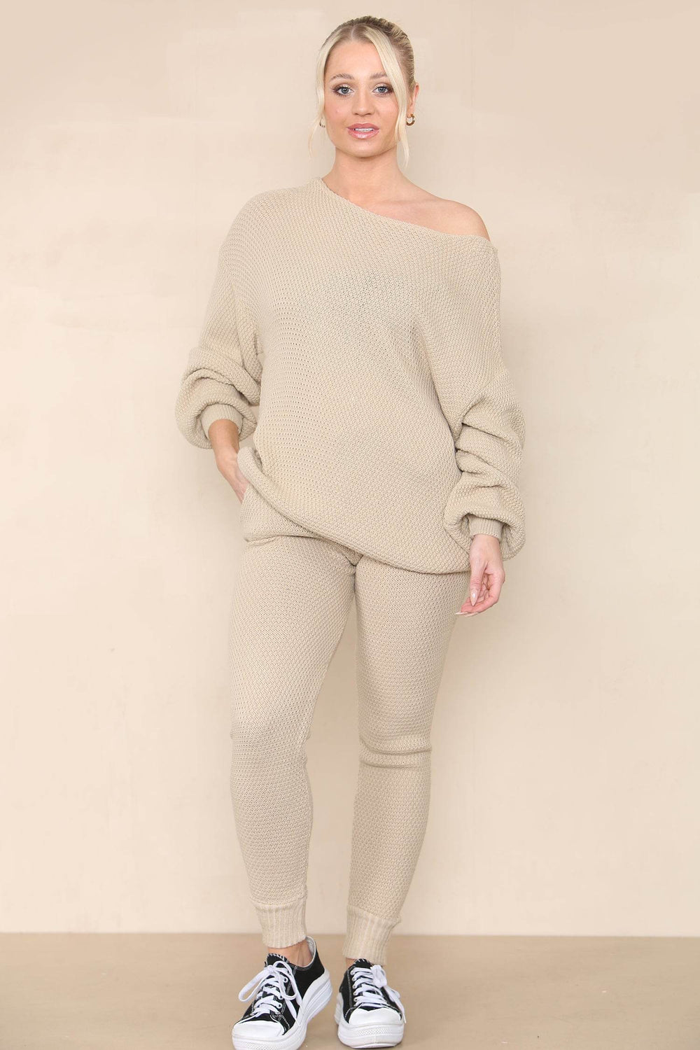 Women Ecru Winter Warm Knitted Co-Ord Solid Two Piece Loungewear Outfits Set - Long Sleeve Top and Slim Fit Legging Pants Matching Sweater Set - Elaina Fashion Main image