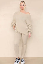 Women Ecru Winter Warm Knitted Co-Ord Solid Two Piece Loungewear Outfits Set - Long Sleeve Top and Slim Fit Legging Pants Matching Sweater Set - Elaina Fashion