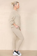 Women Ecru Winter Warm Knitted Co-Ord Solid Two Piece Loungewear Outfits Set - Long Sleeve Top and Slim Fit Legging Pants Matching Sweater Set - Elaina Fashion