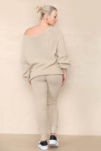 Women Ecru Winter Warm Knitted Co-Ord Solid Two Piece Loungewear Outfits Set - Long Sleeve Top and Slim Fit Legging Pants Matching Sweater Set - Elaina Fashion